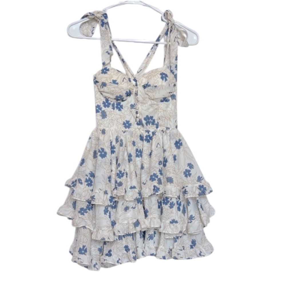 Strangers & Lovers Floral Ruffle Mini HOCO Dress White Blue Gold Beige S fits XS